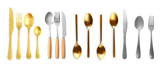Set of different cutlery on white background