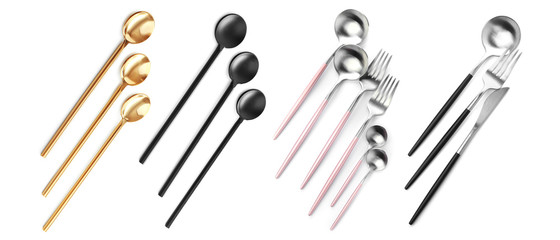 Set of different cutlery on white background