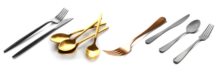 Set of different cutlery on white background