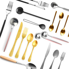 Set of different cutlery on white background