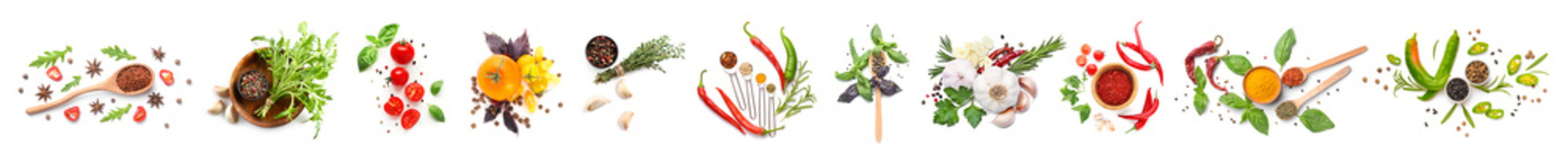 Different fresh spices, herbs and vegetables on white background