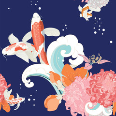 Carp Fish Seamless Vector Chrysanthemum Pattern Flower Wallpaper Abstract Design