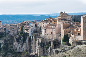 Naklejka premium Cuenca view of the old town with its medieval buildings on the rocks of the gorges of the Jucar and Huecar rivers. europe spain