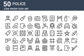 set of 50 police icons. outline thin line icons such as baton, shooting target, gun, ammunition, wanted, bullet