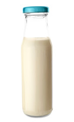 Bottle of tasty sauce on white background