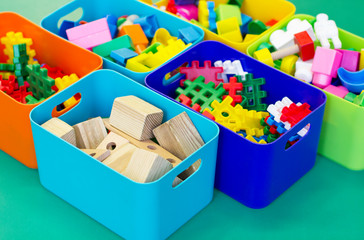Children's toys in colored boxes
