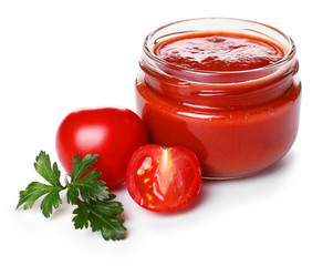 Jar with tasty tomato sauce on white background