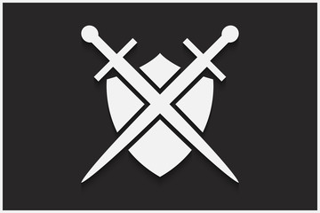 Shield and sword vector emblem. White shield and sword on a black background with shadow.
