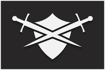 Shield and sword vector emblem. White shield and sword on a black background with shadow.