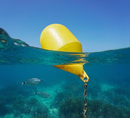 A yellow beacon buoy in the sea for beach marking and cross channel limits with blue sky and fish underwater, split view half over and under water surface, Mediterranean, Spain