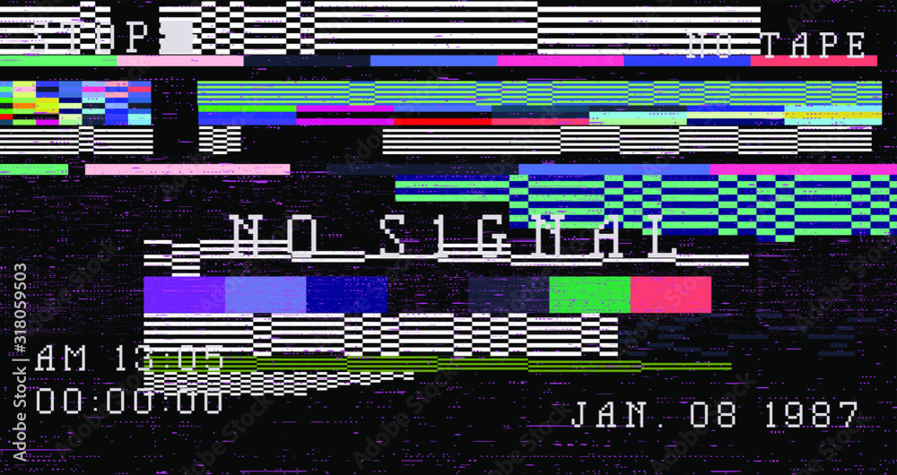 Poster glitch camera effect. retro vhs background like in old video tape rewind or no signal tv screen. vap