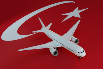 Flights to Turkey, travel concept. Airplane against the background of the flag Turkey. 3d rendering