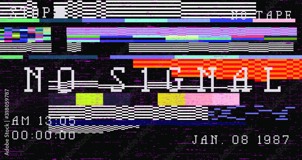 Poster glitch camera effect. retro vhs background like in old video tape rewind or no signal tv screen. vap