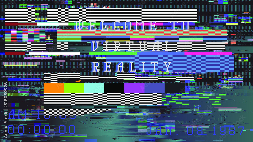 Aufkleber glitch camera effect. retro vhs background like in old video tape rewind or no signal tv screen. vap