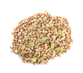 Heap of sprouted green buckwheat isolated on white, top view