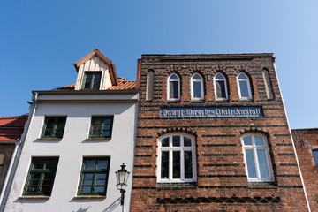 Fototapeta na wymiar Old Historic Dampf- Wasch- Plätt Anstalt (Washing and Ironing Institution) of Wismar, Mecklenburg Western Pomerania, Germany, Europe