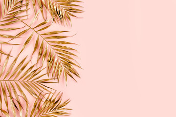 Golden tropical date palm leaves on pink background. Flat lay, top view minimal concept.