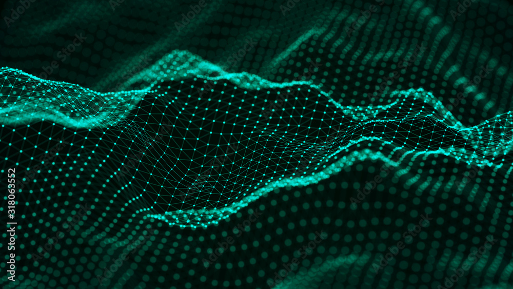 Poster Visualization musical sounds. Abstract technology background. Artificial intelligence. Science background. Big data visualization. 3D rendering.