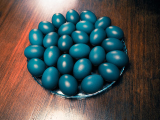Beautiful blue Easter eggs on the table