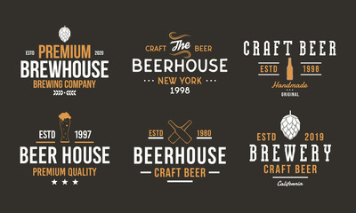 Beer, pub and bar retro logo set. Craft beer logo, poster design with brew hop, beer bottles. Vintage typography for beer house, brewery, bar and pub. Vector emblem template