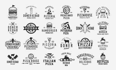 Burger, Doner Kebab and Pizza logo set. Set of 24 vintage logo templates for Fast Food Restaurant. Pizza, Burger and Kebab silhouettes. Vintage typography. Vector food labels, emblems ,posters. 