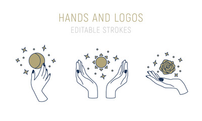 Feminine hands with Moon, Sun and Rose. Logo design template in trendy linear minimal style. Graphic elements to create your own designs. Vector illustration