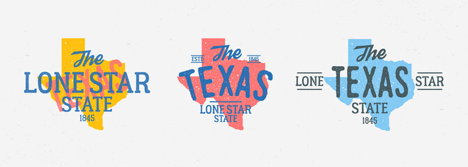 Set of 3 colorful vintage Texas labels. Print for T-shirt, typography. Texas map with stamp effect. The Lone Star State. Vector illustration - obrazy, fototapety, plakaty