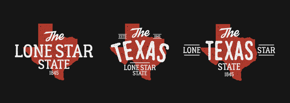 Texas logo map set. Print for T-shirt, typography. Texas map with stamp effect.   Vector illustration
