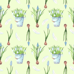 Seamless watercolor pattern with a bouquet of snowdrops in an old bucket, bouquets of muscari and beautiful feathers on a pale green background.