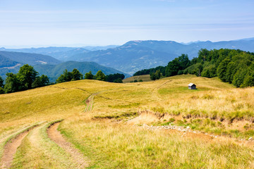 mountainous countryside in summertime. country road down the hill through the grassy meadow. woodshed on the path. sunny weather with cloudless sky. explore back country concept