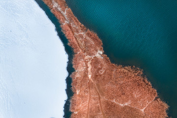 Yellow dry reed, on the shore of a frozen lake, autumn landscape, drone view.