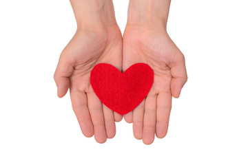 hands hold a red heart on white background
