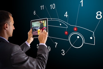 digital car technology smart in virtual room Worker using virtual interface offers car engine text icon. Motor Auto Tuning Repair Service concept.