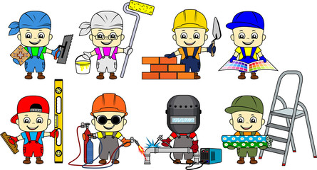 set of cartoon cute kid Builders: repairman, tiler, bricklayer, plasterer ,  decorator, painter, Welder and metal cutter