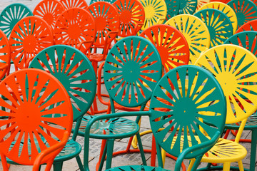 Colorful chairs at Memorial Union Terrace on the campus of the University of Wisconsin–Madison. The terrace a popular outdoor space overlooking Lake Mendota.