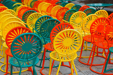 Colorful chairs at Memorial Union Terrace on the campus of the University of Wisconsin–Madison....