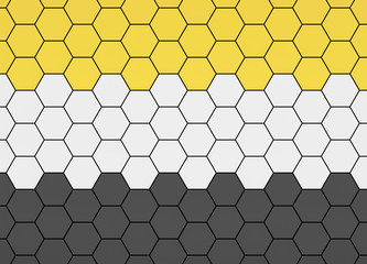 Hexagon background design with black, white and yellow fields; abstract honeycomb grid pattern 3d rendering, 3d illustration
