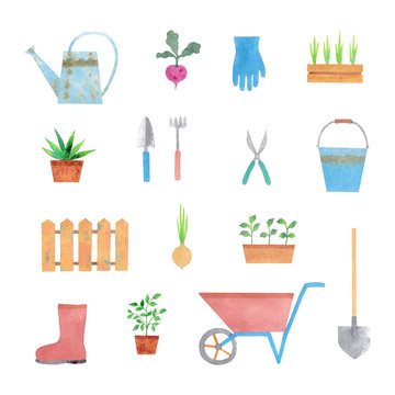 Gardening set, watercolor illustration on white background 