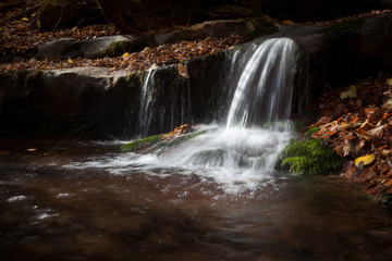 Dark, moody, artistic view of small mountain creek cascade surrounded by vibrant, sunlit, green moss and red leaves and rocks