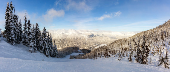 Fototapeta na wymiar Whistler Ski Resort, British Columbia, Canada. Beautiful Panoramic View of the snowy Canadian Nature Landscape Mountain during a vibrant and sunny winter day.