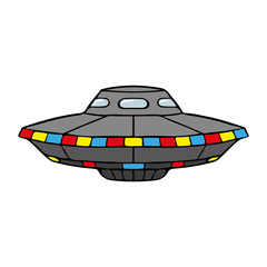 Flying saucer icon. UFO. Vector hand drawing. Horizontal view. Isolated object on a white background. Isolate.