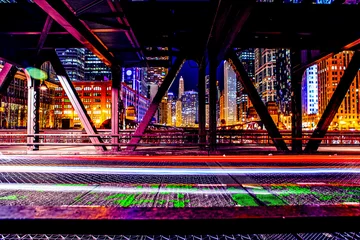 Schilderijen op glas Chicago Bridge at Night Side View © maksymowicz