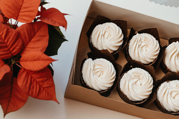 Holiday cupcakes in box, dessert decoration. Gift for Valentine's Day.