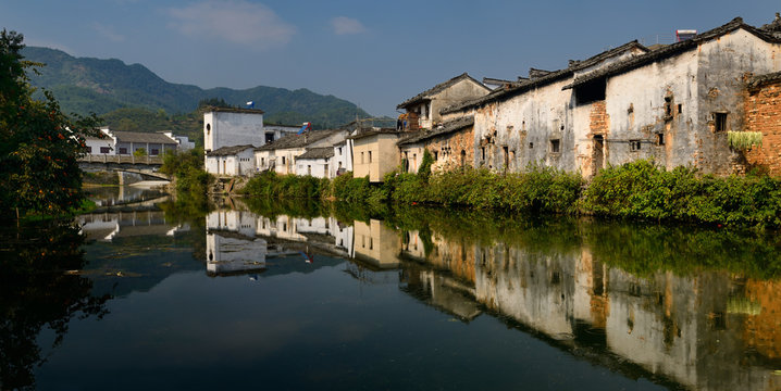 Panorama of Hui style houses on the Longxi river in Chengkan village China