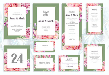 Botanical wedding invitation card template design, pink rose flowers and leaves on light blue background, vintage style. Wedding invitation templates. Banners decoration, romantic watercolor objects