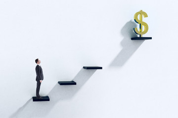 Businessman climbing abstract ladder to dollar