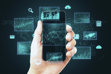 Businessman hand holding mobule phone with business interface.