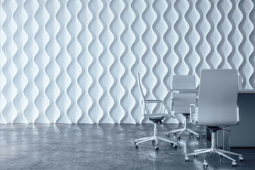 Clean meeting room interior with blank decorative white wall