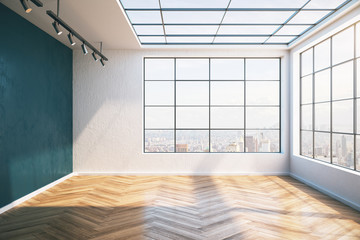 Sunny modern interior with wooden floor