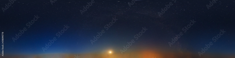Wall mural dark blue sky after sunset with beautiful awesome sky with moon and milky way. seamless hdri panoram